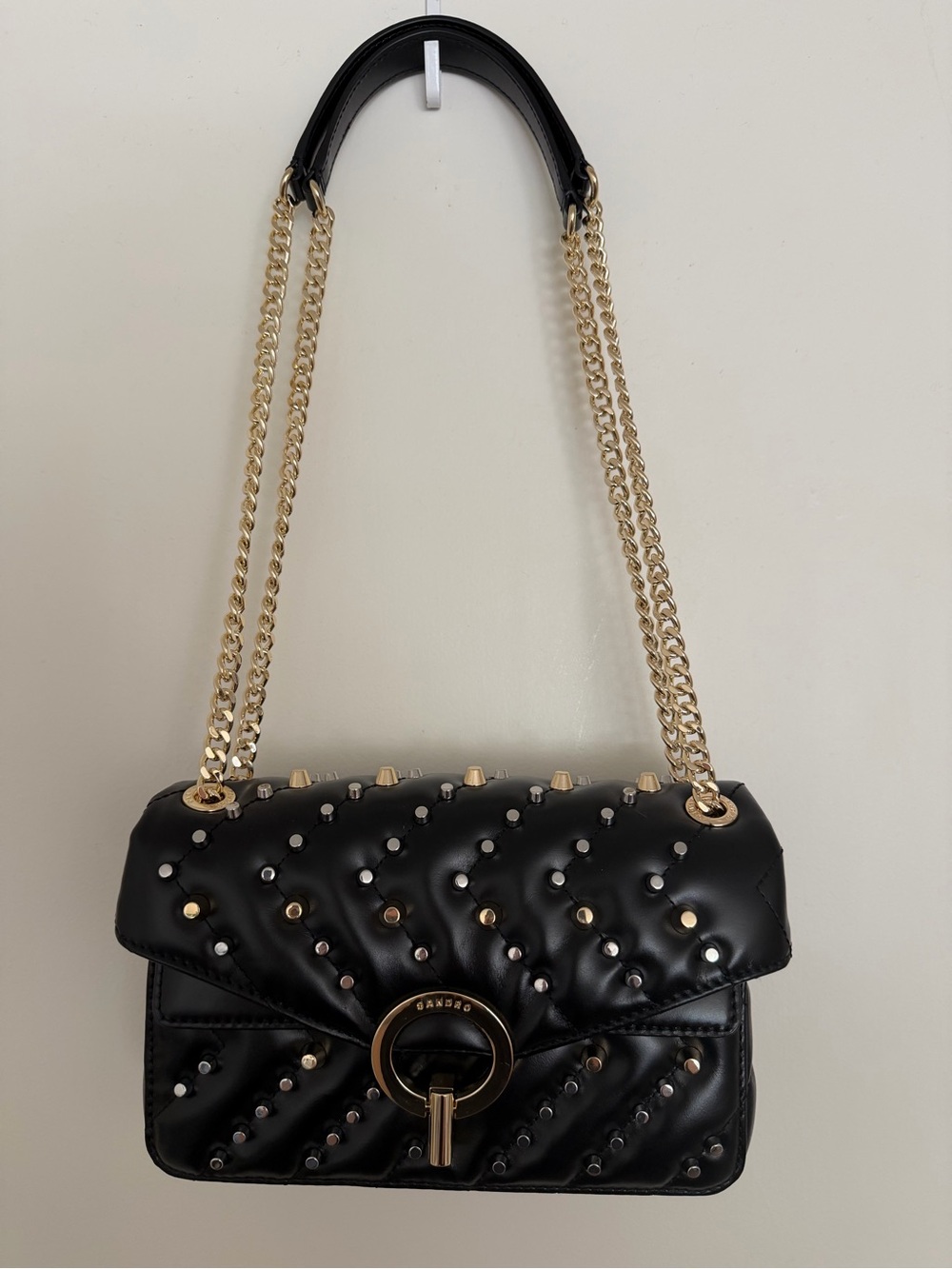 Sandro Yza Black Quilted Chain Shoulder Bag with Gold and Silver Studs